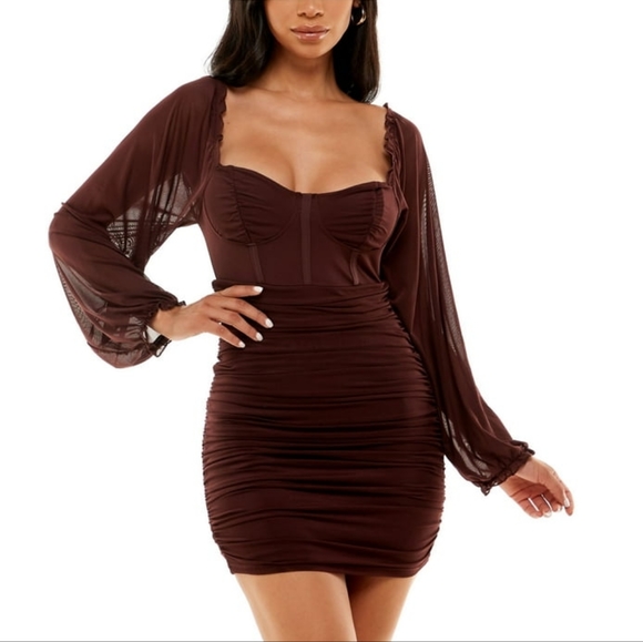 Almost Famous Mesh Ruched Dress | Long Sleeve | Sz L - Picture 5 of 7